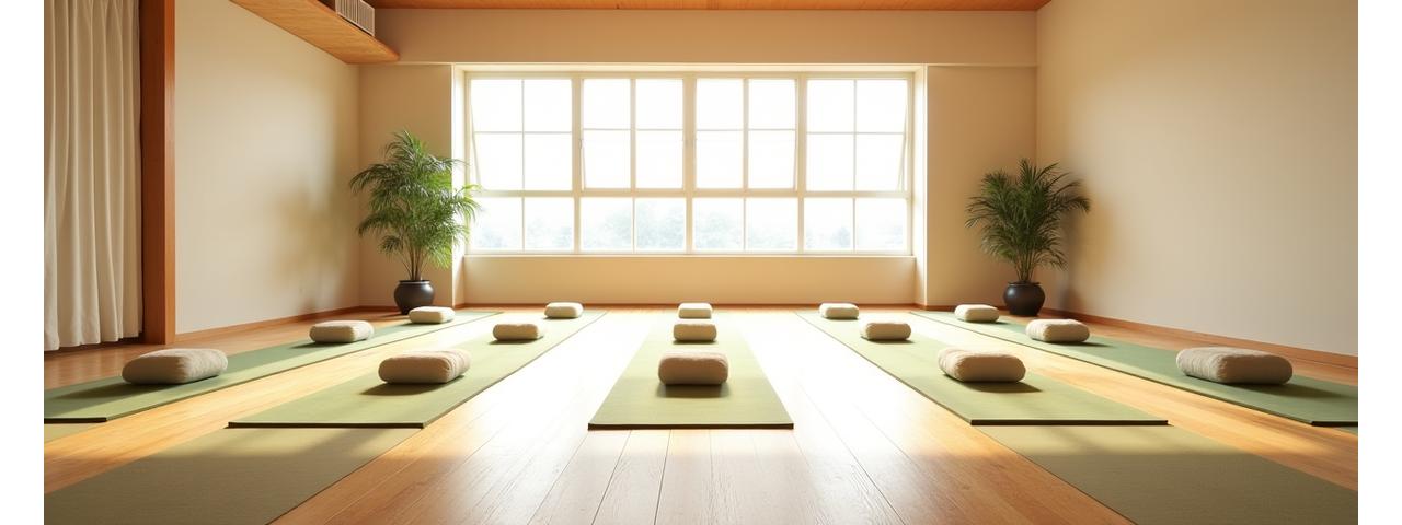静かで穏やかなヨガスタジオの内部、ヨガマットが並べられています